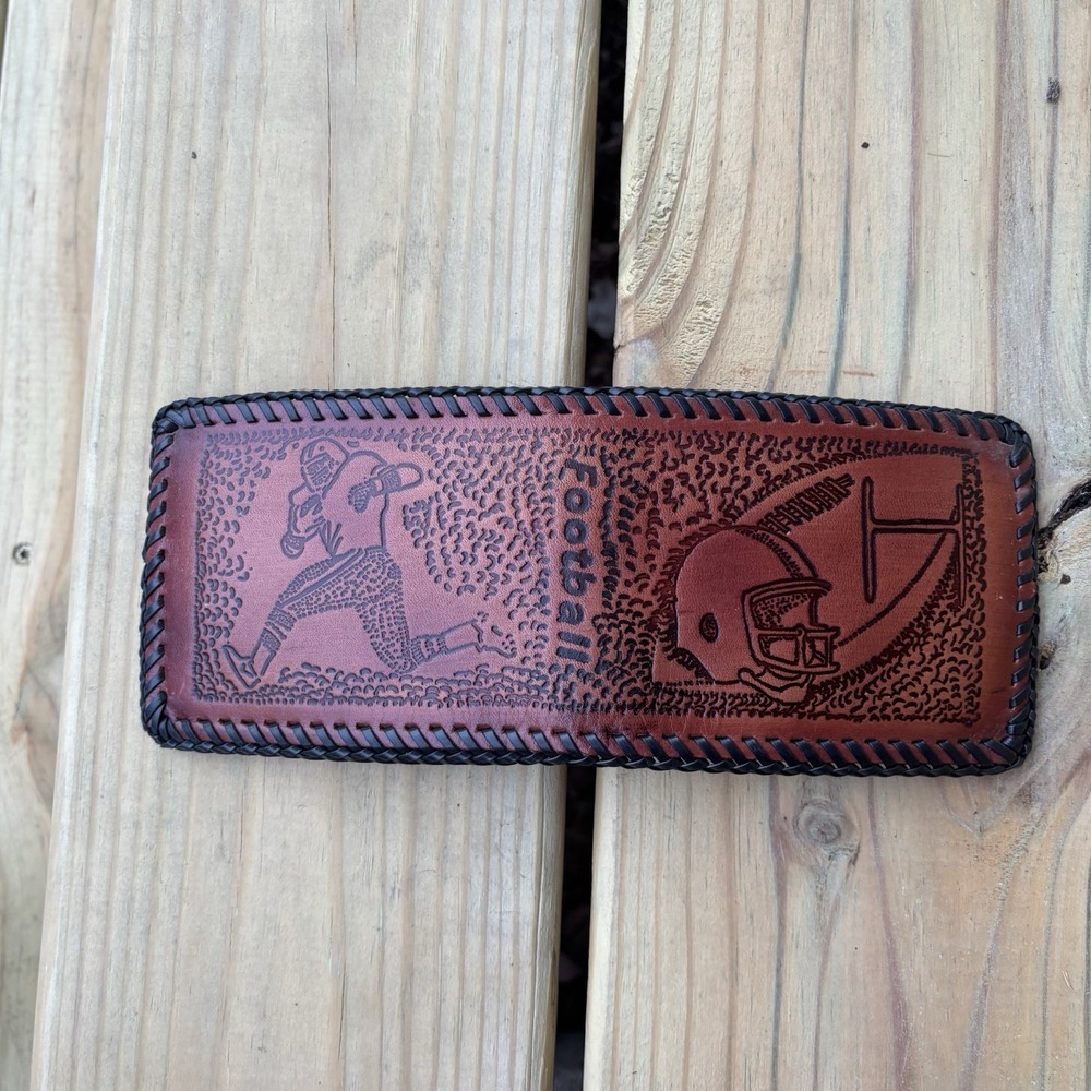 Vintage Bi-Fold Leather Wallet Whipstitch Sports Football Hand Tooled USA